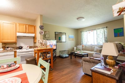 Cozy interior of a resident room with a kitchen