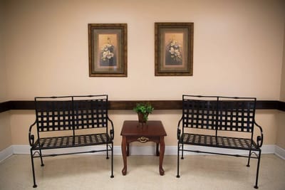 Interior space with benches and wall decor