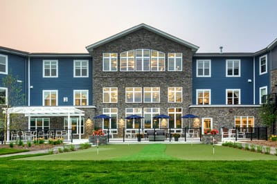 Exterior view of the Stair Crest facility with outdoor seating