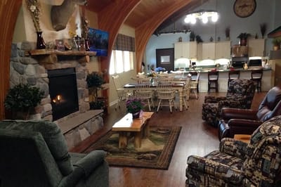 Cozy common area with a fireplace and seating