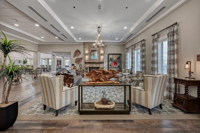 Cozy lobby area with comfortable seating and decor