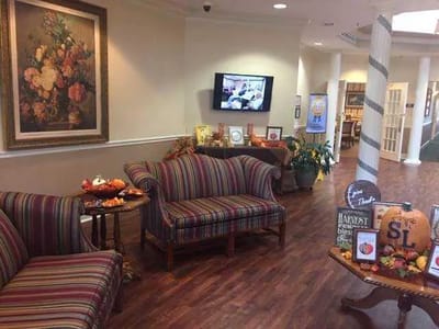 Interior view of a common area with seating and decorations