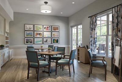 Bright common area with seating and art