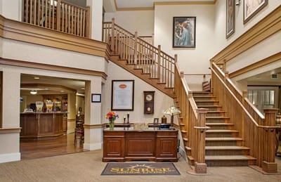 A well-lit lobby area at Sunrise Senior Living