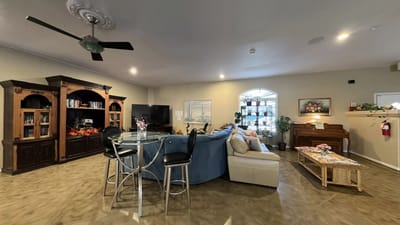 Bright common area with seating and decor