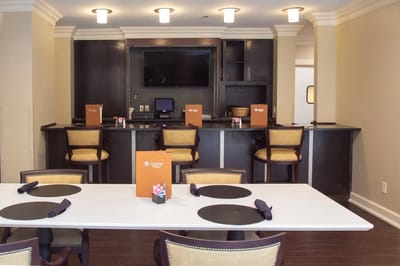 Interior view of the dining area with tables and chairs