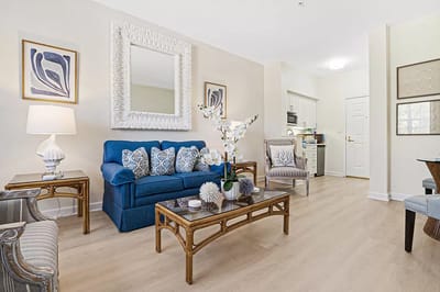 Bright interior of a cozy lounge area with seating
