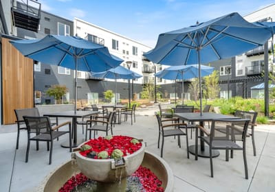 Outdoor seating area with blue umbrellas and flowers