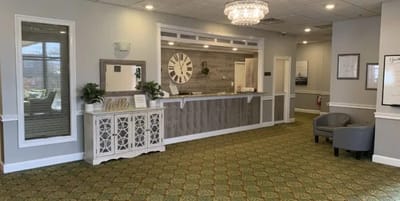 Bright and welcoming reception area inside the facility