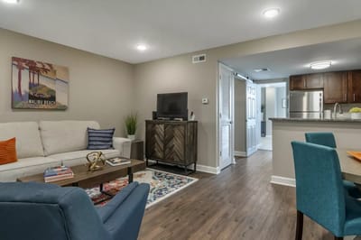 Bright, welcoming common area in a senior living community