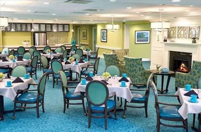 Bright dining room with tables and chairs