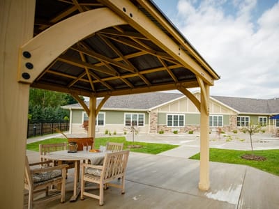 Outdoor seating area under a gazebo