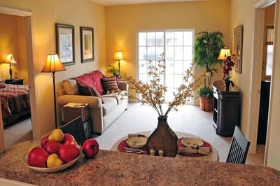 Cozy interior of a resident's room with a living area