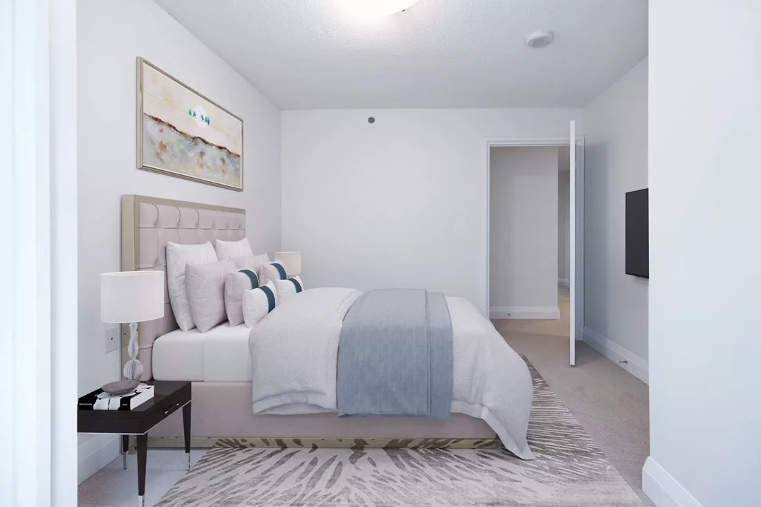 Bright and modern private resident room with a queen bed