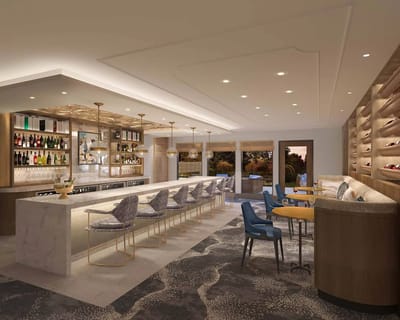 Modern lounge area with bar seating and décor
