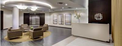Bright and modern lobby area with seating