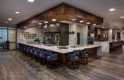 Bright dining area with stylish seating and countertops