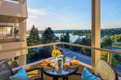 Breakfast on a balcony overlooking a scenic view