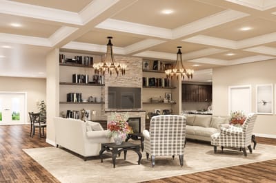 Bright common area with comfortable seating and decorative elements