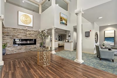 Welcoming lobby with modern decor and seating area