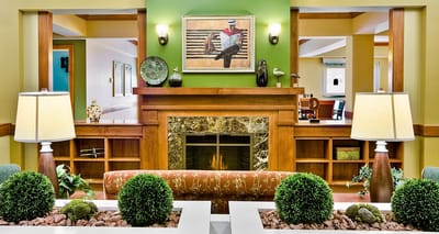 Cozy common area with decorative plants and artwork