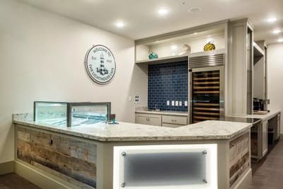 Interior view of a dining area with a service counter