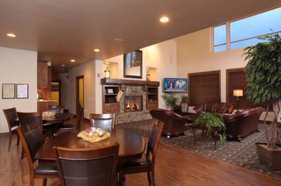 Cozy common area with seating and fireplace