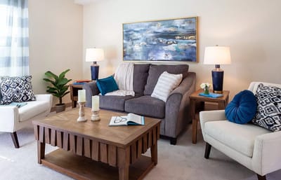 Comfortable living room setup in a senior care facility