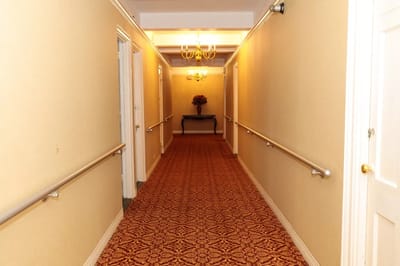 A well-lit hallway with decor and floral arrangement
