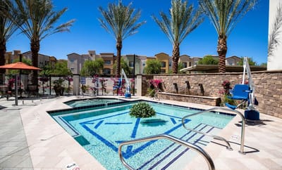 Outdoor pool area with palm trees and seating