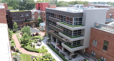 Aerial view of the facility with landscaped outdoor space