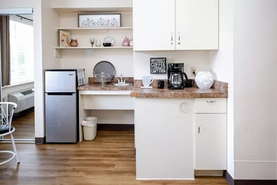 A kitchenette area in a senior living facility