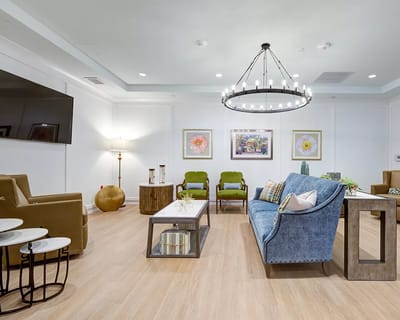 A cozy common area with seating and decor