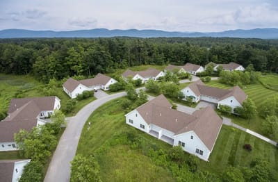 Aerial view of clustered cottage-style homes in a green setting