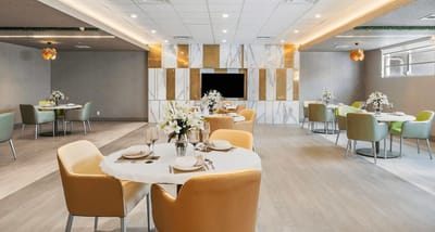Bright dining room with elegant table settings