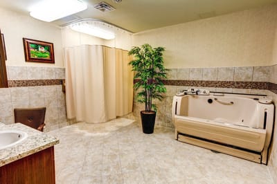 Bathroom equipped with a walk-in tub and plants
