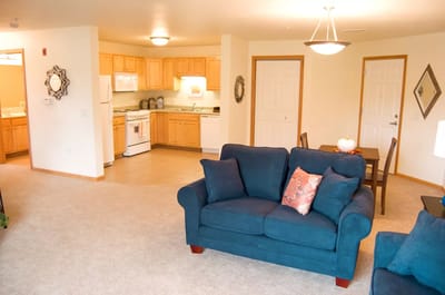 Living room area in a senior apartment