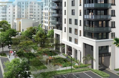 Modern senior living facility with outdoor gardens and balconies