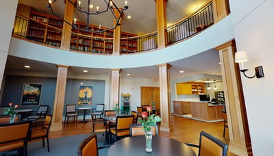 Interior view of a cozy library and common area