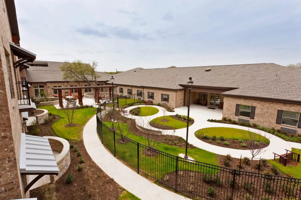 Aerial view of the landscaped outdoor space at the facility