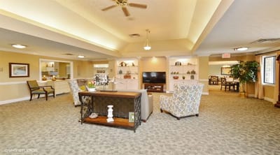 Bright common area with comfortable seating and decor