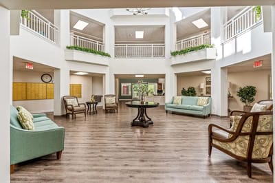 Interior view of a spacious common area with seating