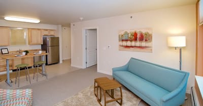 Bright, inviting interior of a resident room