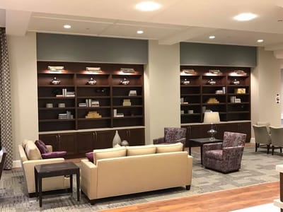 Interior common area with seating and shelving
