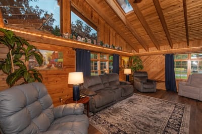 Cozy common area with comfortable seating and wooden decor