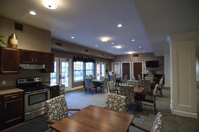 Common area with seating and large windows