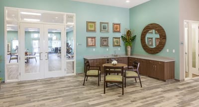 Bright common area with modern decor and seating