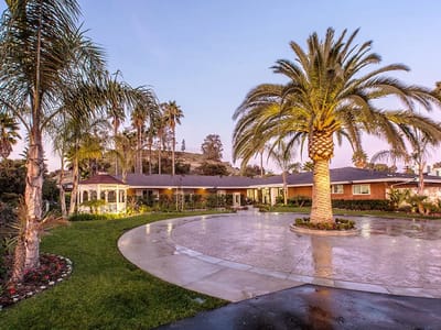 Outdoor view of University Care Center with palm trees