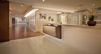 Bright and modern lobby area of the nursing center