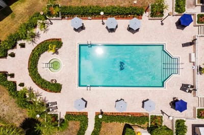 Aerial view of a beautifully landscaped pool area